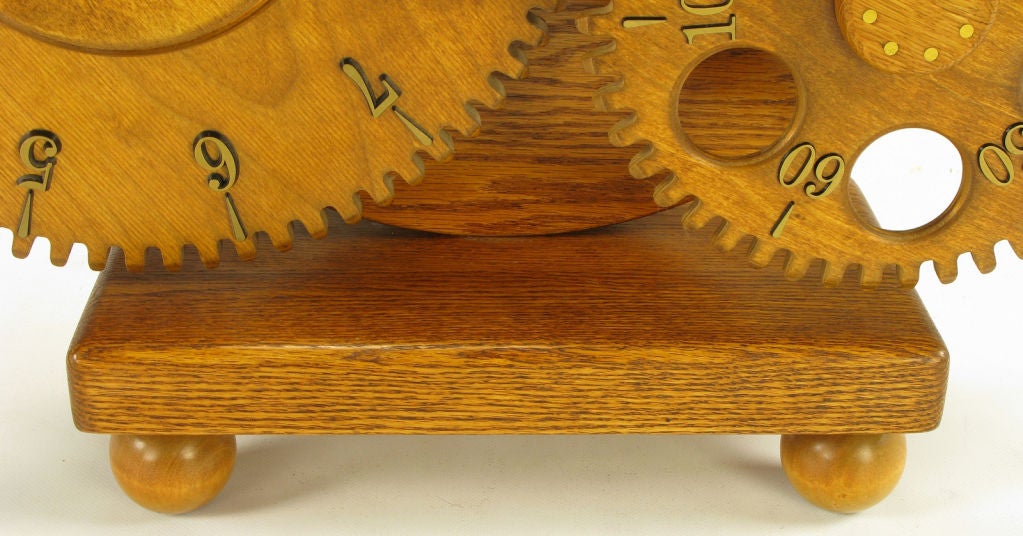 Oak Brass & Carved Wood Gears Mantel Clock.