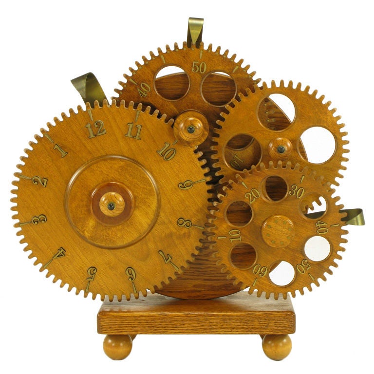 Brass & Carved Wood Gears Mantel Clock.