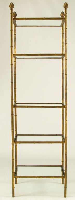 American Gilt Metal Bamboo Form Etagere With Pineapple Finials