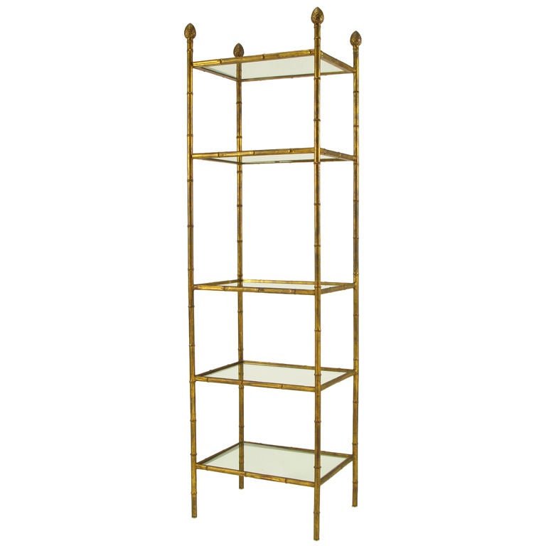 Gilt Metal Bamboo Form Etagere With Pineapple Finials