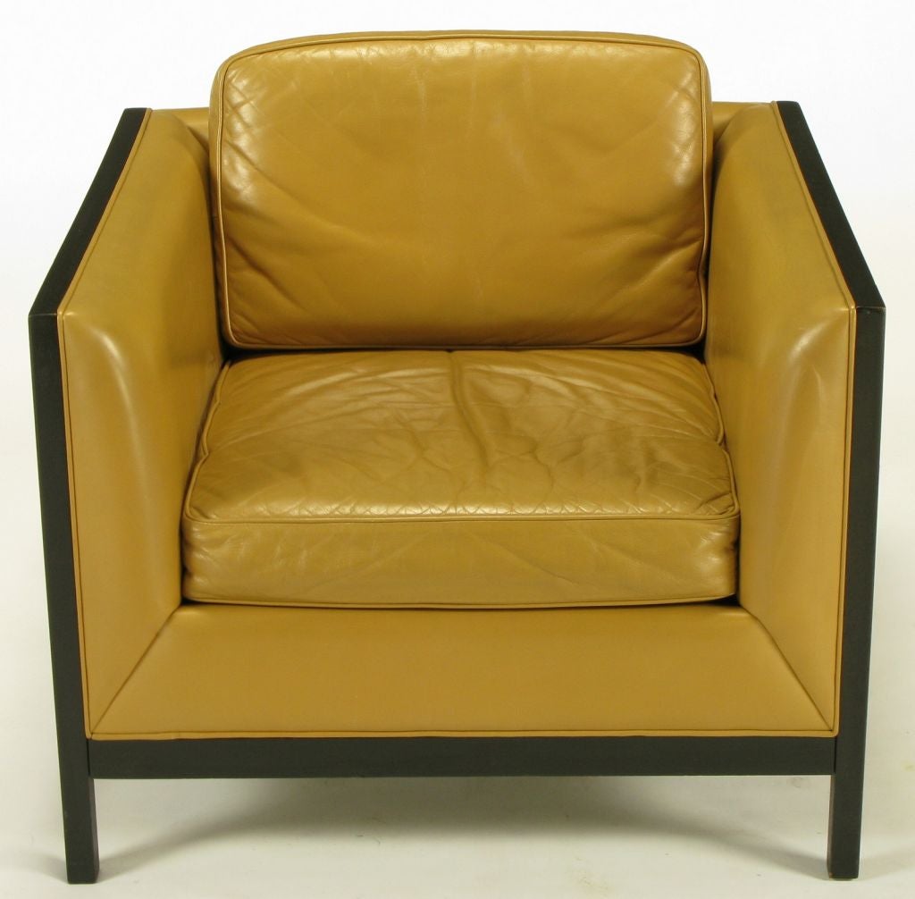 American Pair Stow Davis Leather, Ebonized Wood & Aluminum Club Chairs.