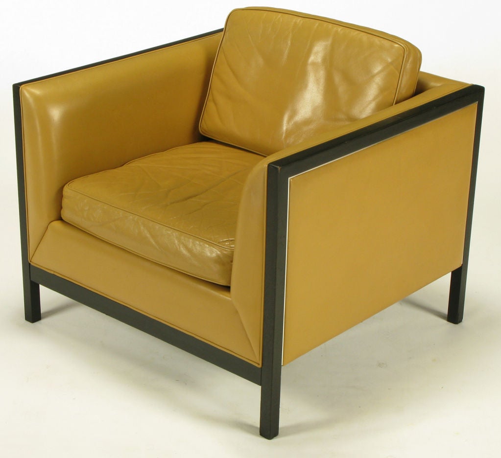 Mid-20th Century Pair Stow Davis Leather, Ebonized Wood & Aluminum Club Chairs.