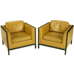 Pair Stow Davis Leather, Ebonized Wood & Aluminum Club Chairs.