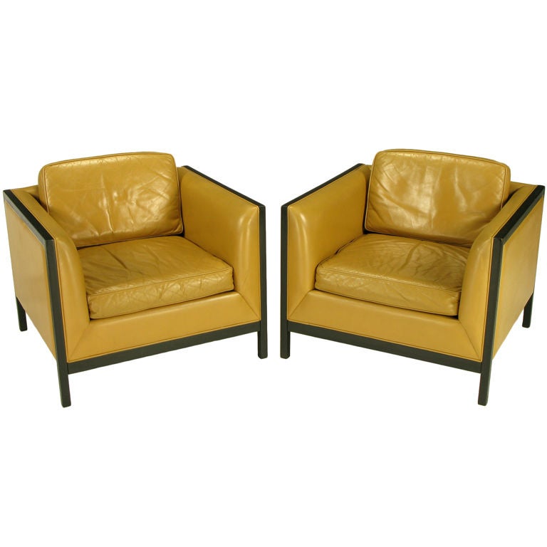 Pair Stow Davis Leather, Ebonized Wood & Aluminum Club Chairs.