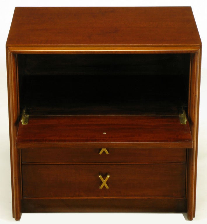 Single nightstand in birch, designed by Paul Frankl for Johnson. Has a top fall-front compartment and two lower drawers, all with brass X-form drawer pulls.