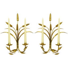 Pair Gilt Tole Metal Sheaves Of Wheat Two Light Wall Sconces