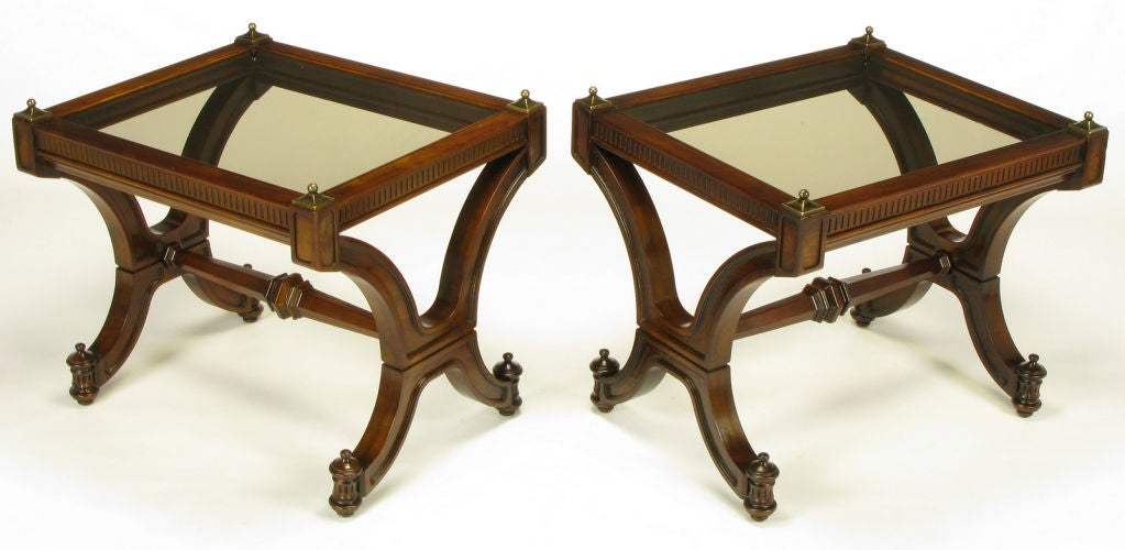 Pair Mahogany & Glass Empire Style End Tables With Brass Finials