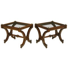 Pair Mahogany & Glass Empire Style End Tables With Brass Finials