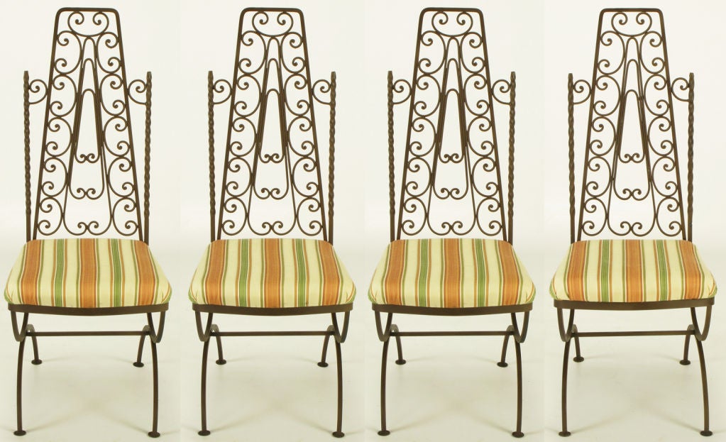 Set four Spanish Revival Wrought Iron Filigree Dining Chairs