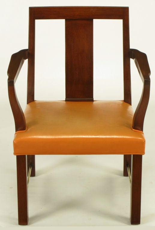 American Eight Edward Wormley Mahogany, Leather & Brass Dining Chairs