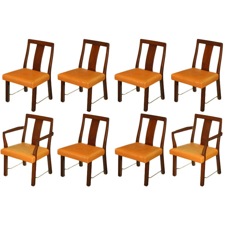 Eight Edward Wormley Mahogany, Leather & Brass Dining Chairs