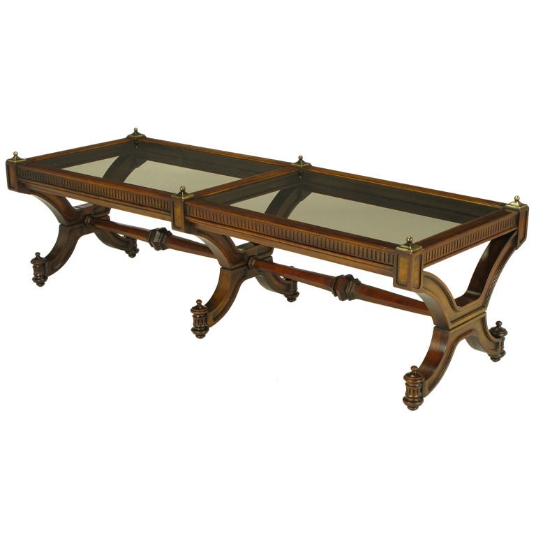 Mahogany & Glass Empire Style Coffee Table With Brass Finials