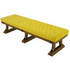 Button Tufted Velvet Bench With Walnut Sled Base