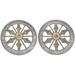 Vintage Pair Moroccan 42" Openwork Medallions With Embossed Brass & Copper Detail