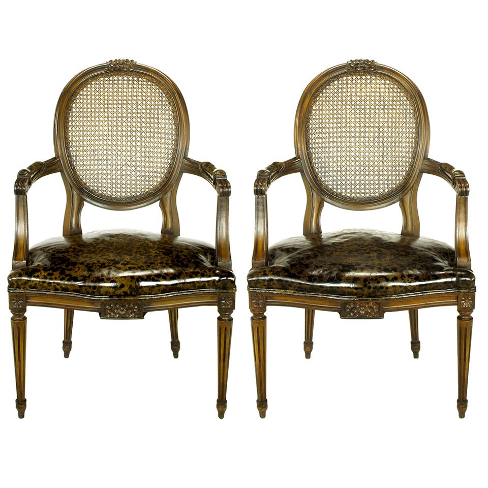 Pair of Louis XVI Mahogany and Cane Armchairs with Tortoiseshell Leather
