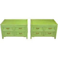 Vintage Pair Hekman Pistachio Green Asian Low Cabinets