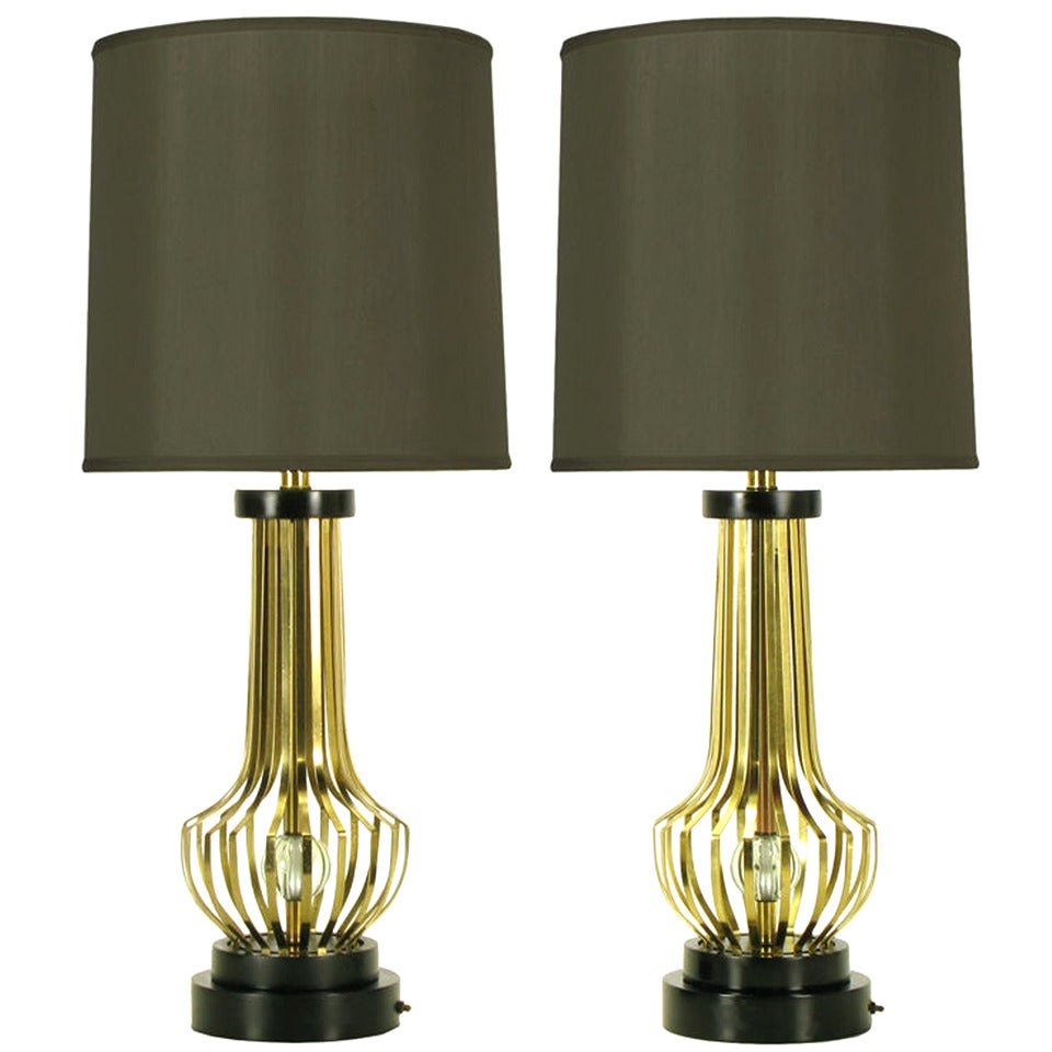 Pair Rembrandt Brass Open Rib Table Lamps With Crystal Ball Centers