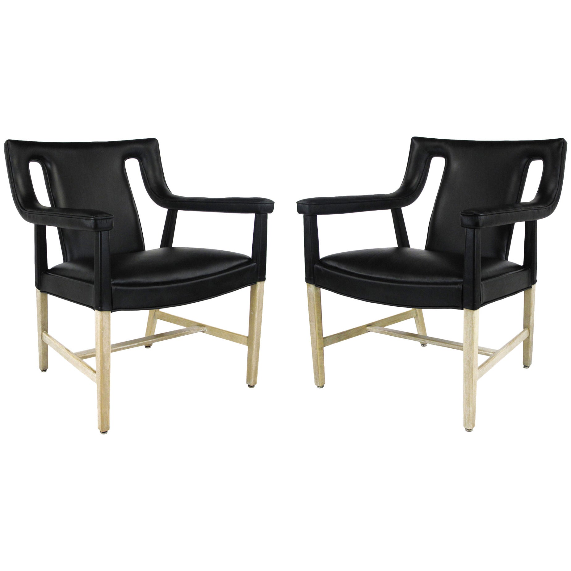 Pair of Rare John Widdicomb Black Leather & Bent Bleached Mahogany Lounge Chairs