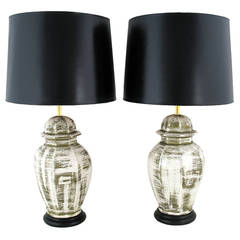 Pair Parcel Gilt Glazed White Craquelure Porcelain Ginger Jar Table Lamps 2