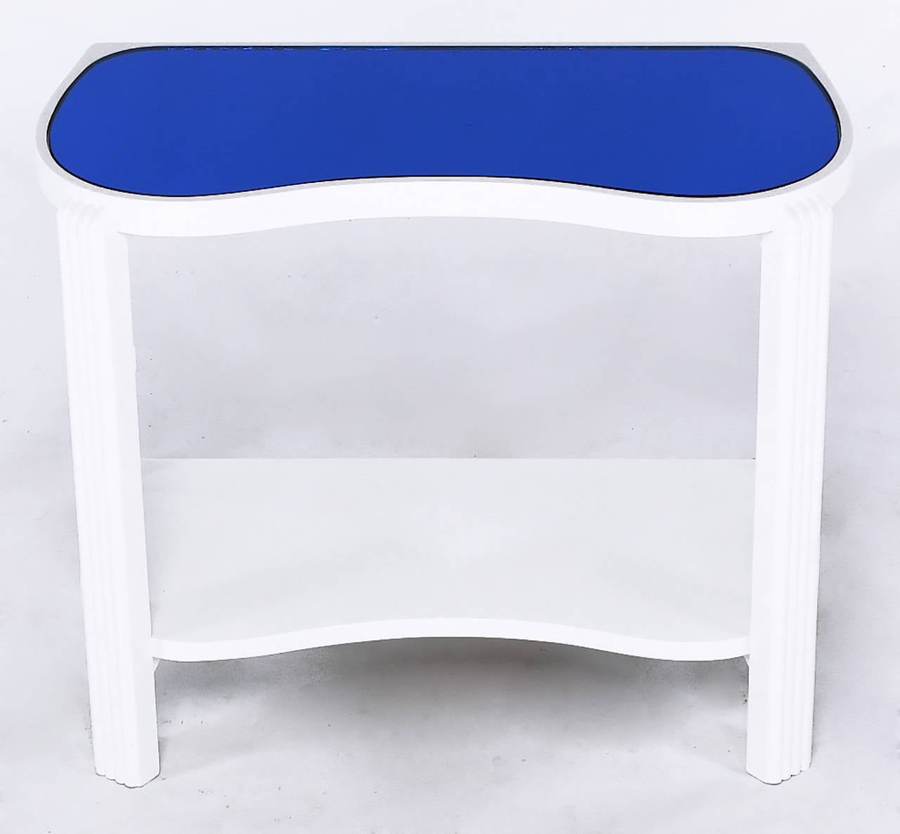 American Pair of 1930s Art Deco White Lacquer and Blue Mirror Side Tables For Sale