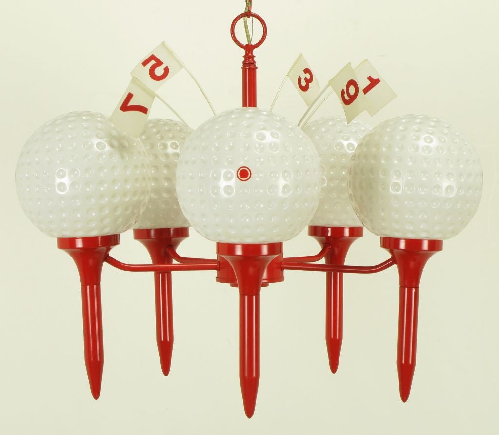 American Golf Balls On  Red Tees Chandelier With Flagsticks