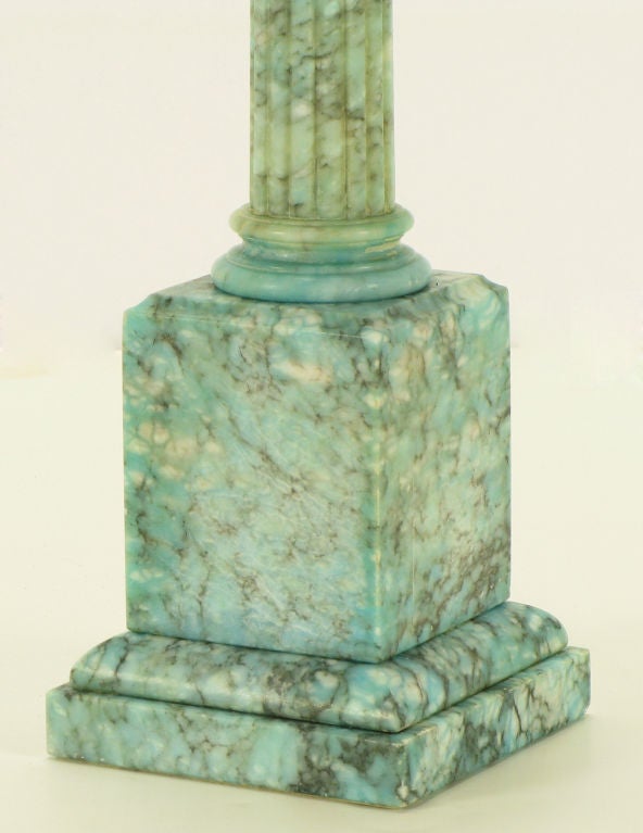 Brass Ionic Column Aqua Veined Marble Table Lamp. For Sale