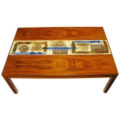 Danish Rosewood Coffee Table With Hand Painted Tile Inlay