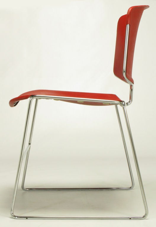 American Twelve Steelcase Chrome and Red Sled-Base Chairs For Sale