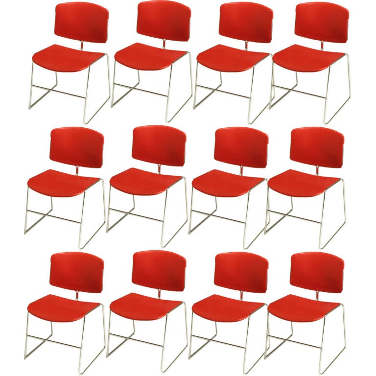 Twelve Steelcase Chrome and Red Sled-Base Chairs For Sale