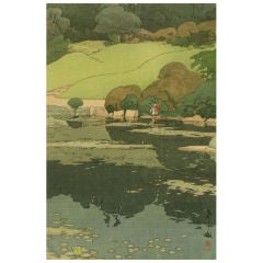 Vintage Colorful Japanese Framed Block Print Landscape, Signed & Stamped