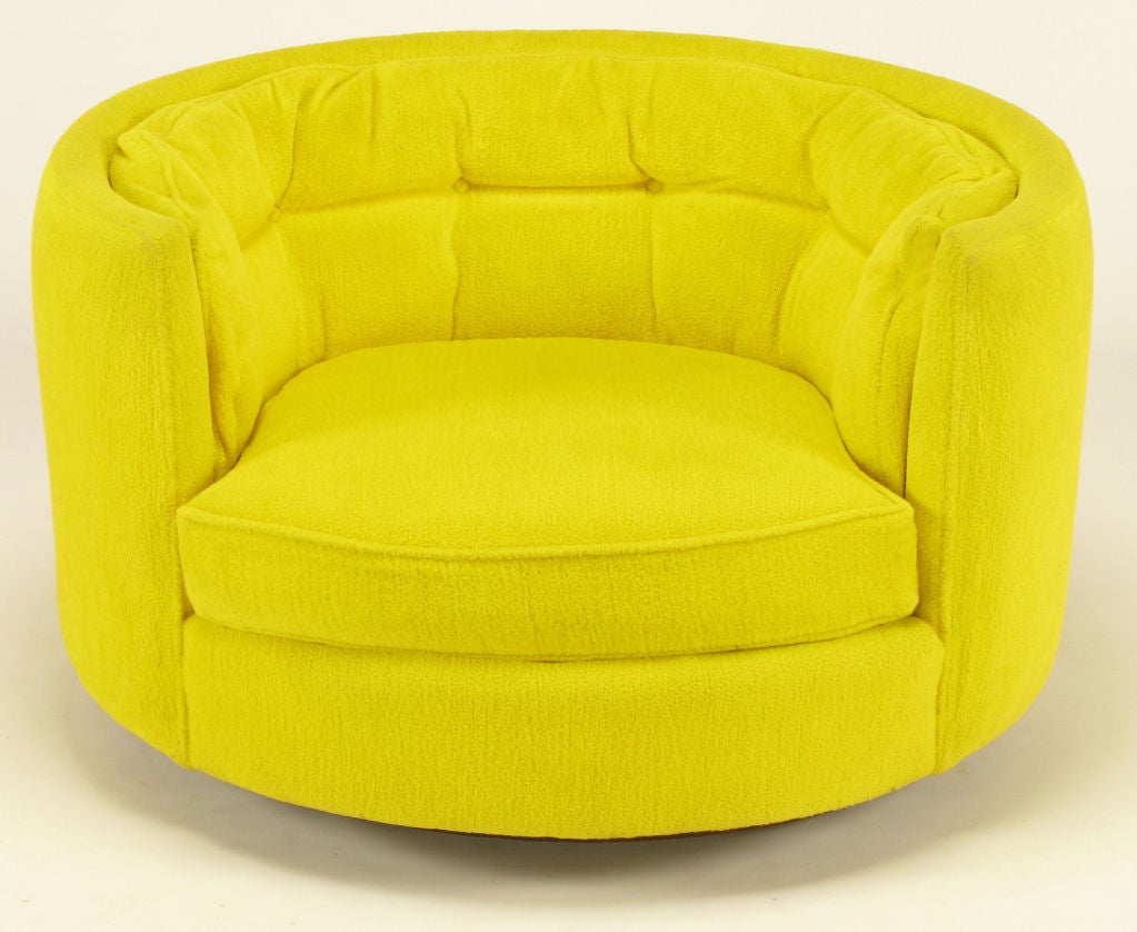 American Pair Oval Button-Tufted Canary Yellow  Chenille Lounge Chairs