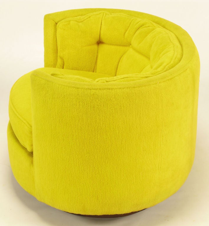 Pair Oval Button-Tufted Canary Yellow  Chenille Lounge Chairs 1
