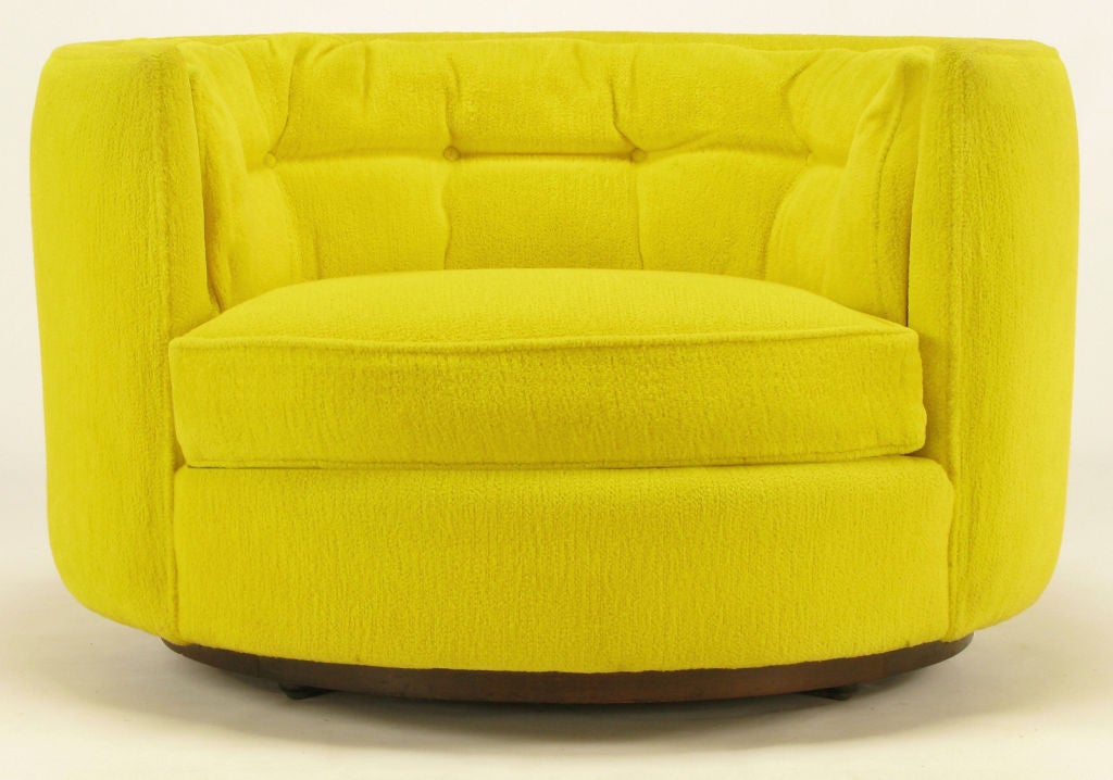 Pair Oval Button-Tufted Canary Yellow  Chenille Lounge Chairs 4
