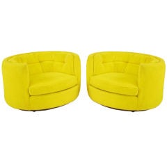 Pair Oval Button-Tufted Canary Yellow  Chenille Lounge Chairs