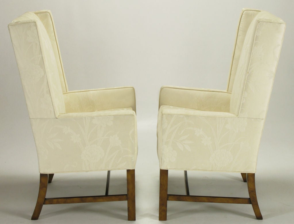 American Pair Sleek Wing Chairs In Cream Silk Damask
