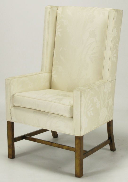 Mid-20th Century Pair Sleek Wing Chairs In Cream Silk Damask