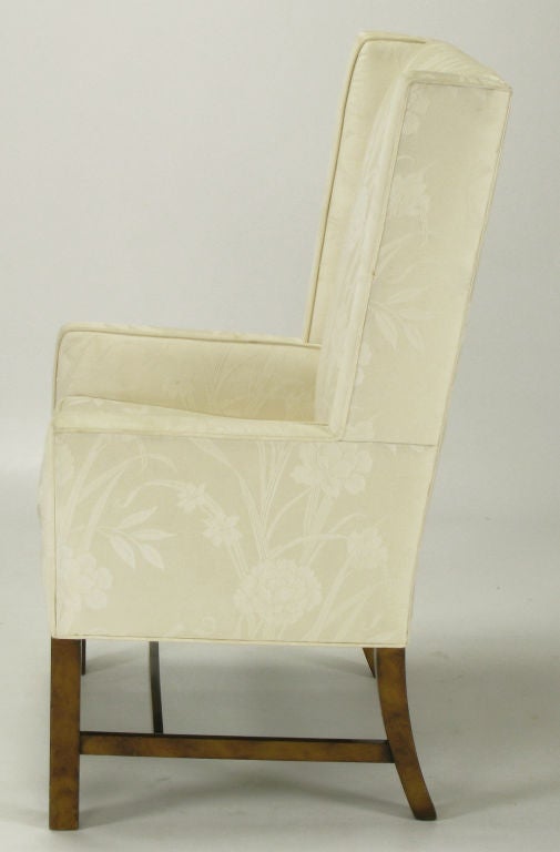 Pair Sleek Wing Chairs In Cream Silk Damask 1