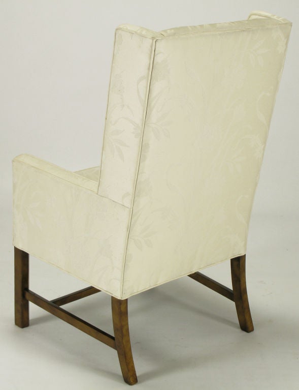 Pair Sleek Wing Chairs In Cream Silk Damask 2