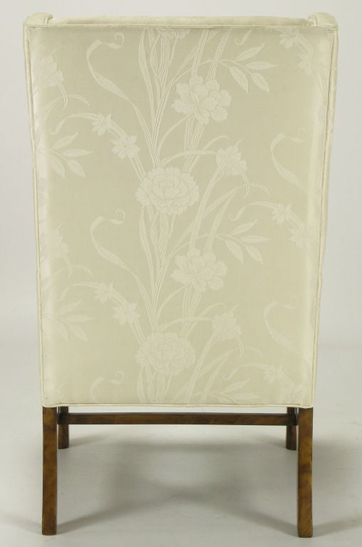 Pair Sleek Wing Chairs In Cream Silk Damask 3
