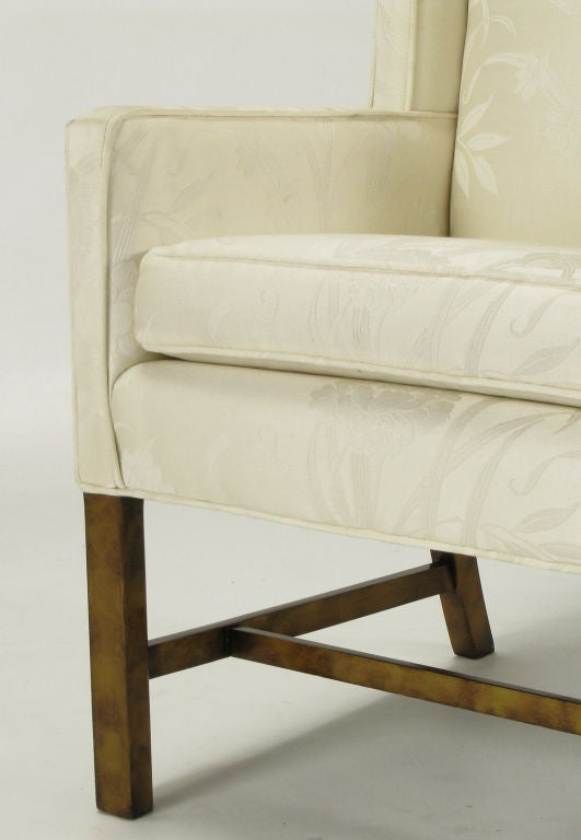 Pair Sleek Wing Chairs In Cream Silk Damask 4