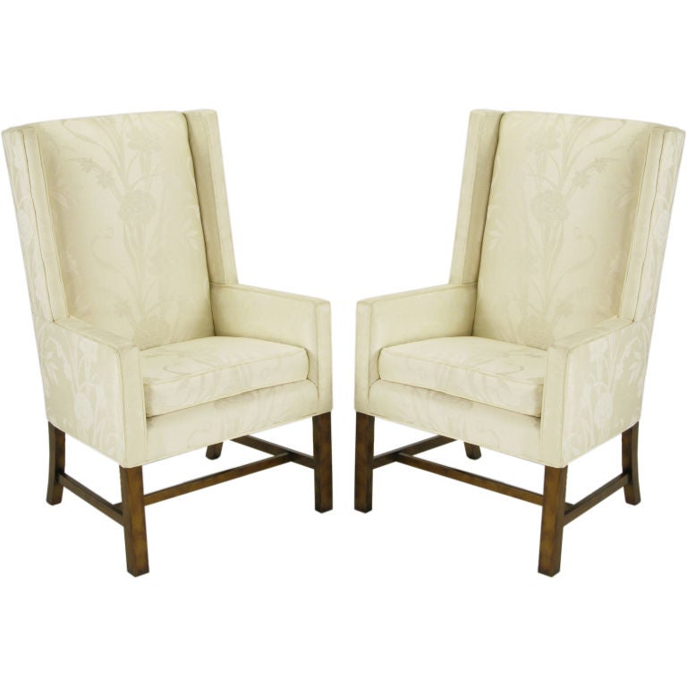 Pair Sleek Wing Chairs In Cream Silk Damask