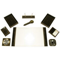 Ten Piece Tooled Leather & Lucite Executive Desk Set