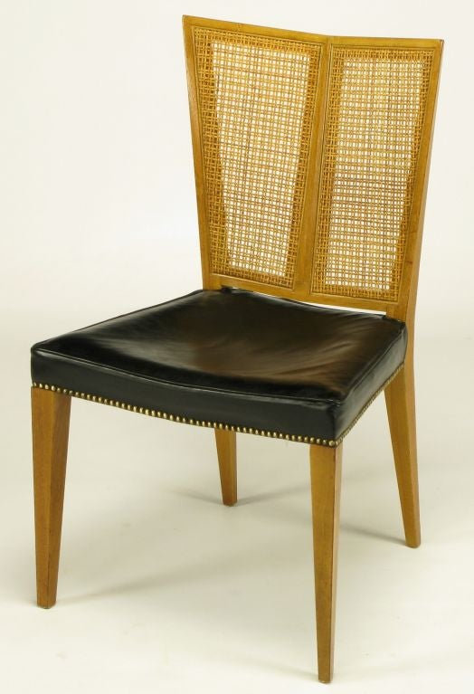 Cane Six Michael Taylor For Baker Walnut & Leather Dining Chairs