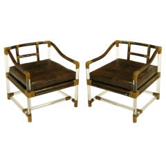 Pair Lucite & Rattan Lounge Chairs