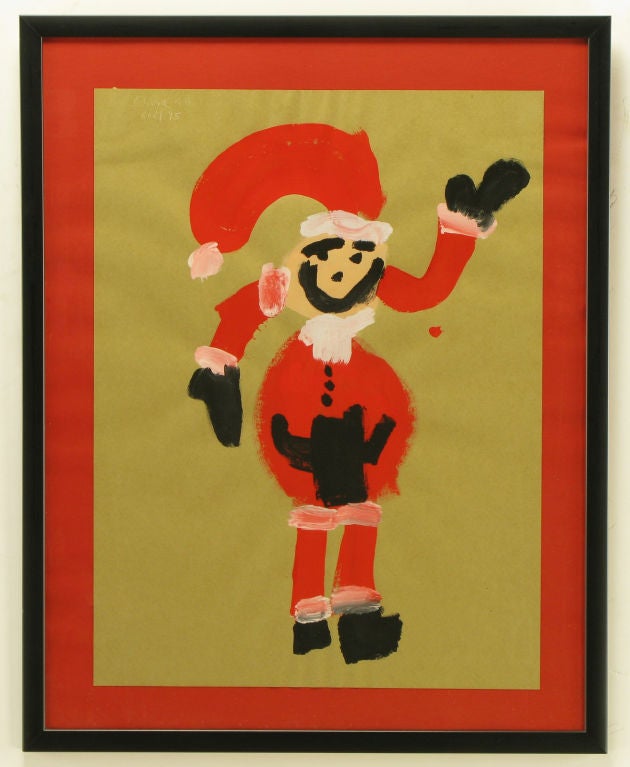 Just in time for the season, an outsider art child like Santa Claus painting done in acrylic on brown paper. Framed in a red lacquered wood and glass. Origin, Montreal Canada signed, Olivia 4d Noel 95.<br />
<br />
Framed 29.5