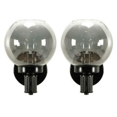 Pair Black Lacquered Metal & Wood Mirrored Globe Sconces