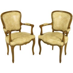 Pair Walnut Louis XV Style Arm Chairs In Snake Skin