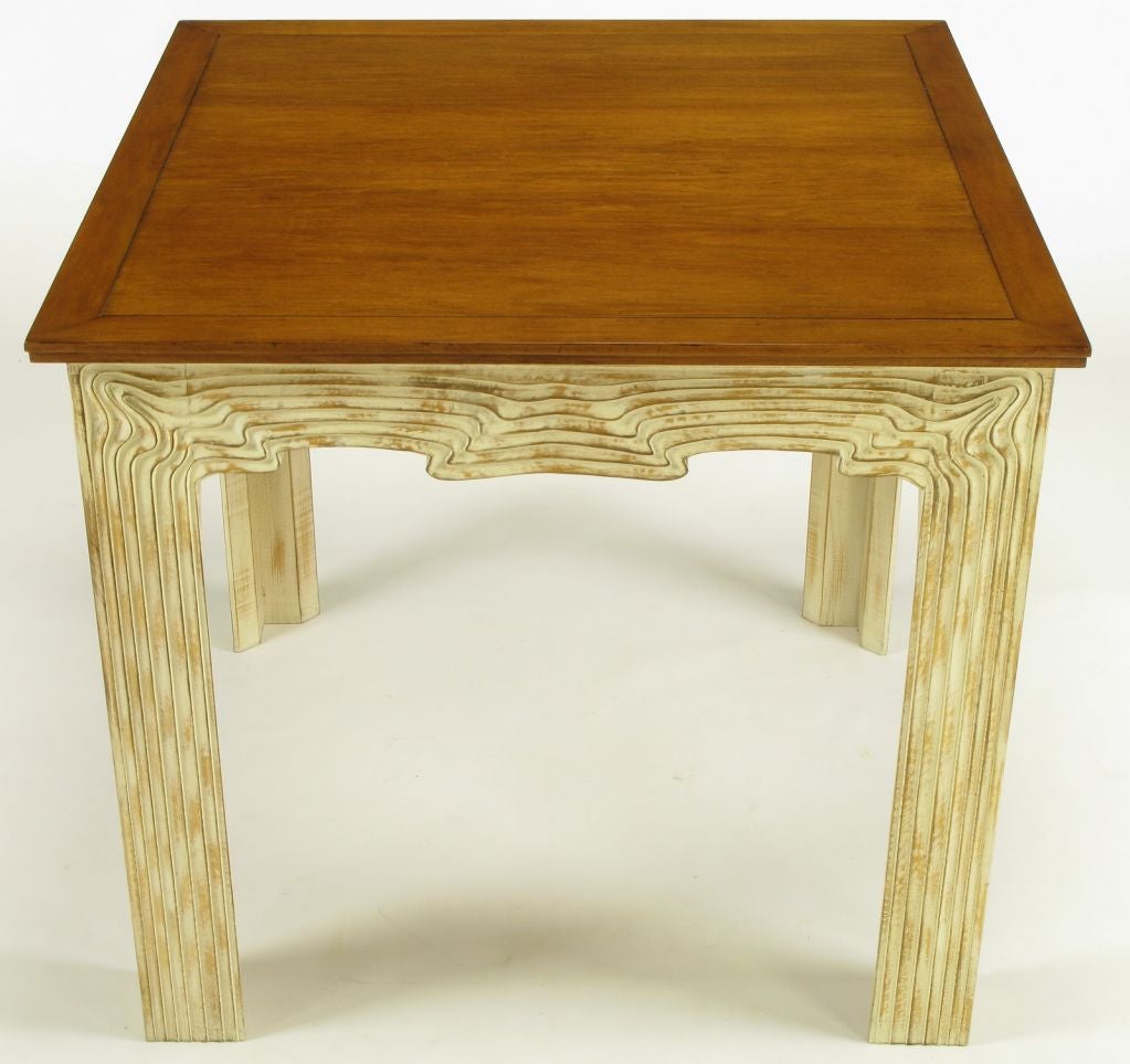 Organically inspired carved and whitewashed wood  game table with an incised border maple top. Could also make an uncommon petite dining table.