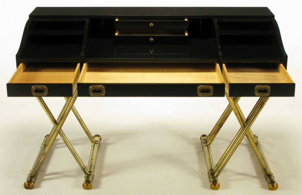 American Black Lacquer Campaign Desk With Gilt X-Form Bases