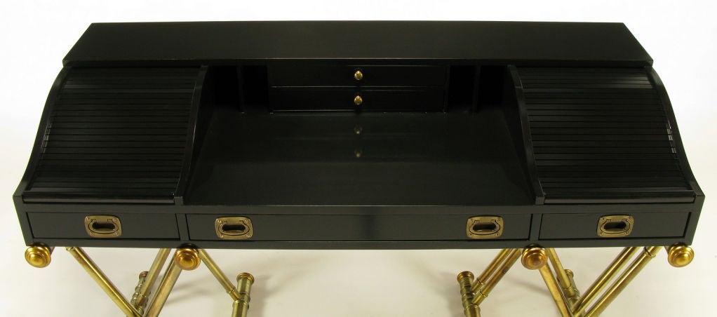 Mid-20th Century Black Lacquer Campaign Desk With Gilt X-Form Bases